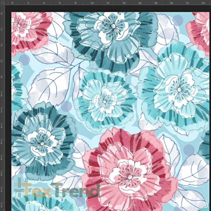 Jersey Stoff Digitaldruck Anemonenblumen mint-rot auf blauem Hintergrund  