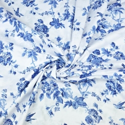 100% Baumwolle blaue Röschen mit Vögeln auf weißem Hintergrund - 220cm  