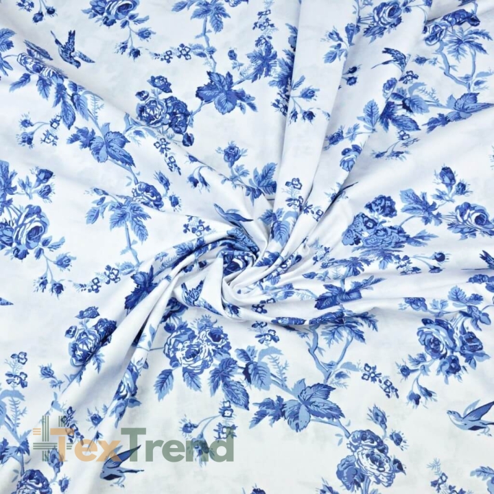 100% Baumwolle blaue Röschen mit Vögeln auf weißem Hintergrund - 220cm  