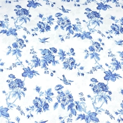 100% Baumwolle blaue Röschen mit Vögeln auf weißem Hintergrund - 220cm  