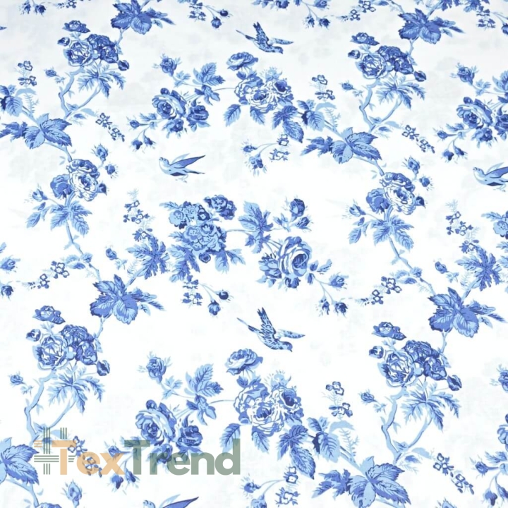 100% Baumwolle blaue Röschen mit Vögeln auf weißem Hintergrund - 220cm  