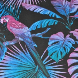 Baumwolle 100% große Blätter blau-violett mit Papageien auf schwarzem Hintergrund - 220cm  