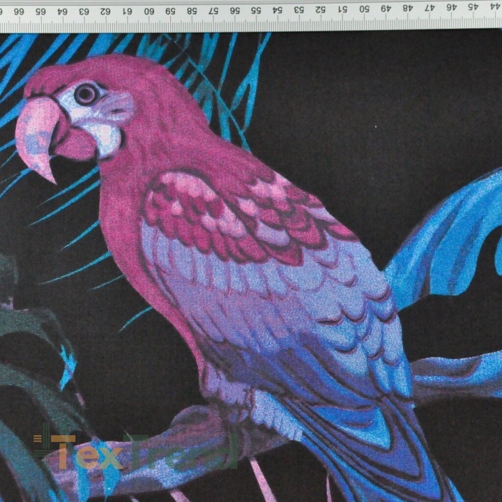 Baumwolle 100% große Blätter blau-violett mit Papageien auf schwarzem Hintergrund - 220cm  