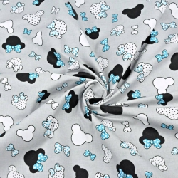 Baumwolle 100% - kleine schwarz-türkisfarbene Miki mit Schleife auf grauem Hintergrund  