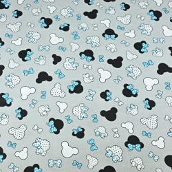 Baumwolle 100% - kleine schwarz-türkisfarbene Miki mit Schleife auf grauem Hintergrund  