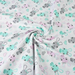 Baumwolle 100% Kaninchen rosa-minze auf weißem Hintergrund  