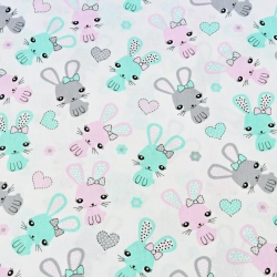 Baumwolle 100% Kaninchen rosa-minze auf weißem Hintergrund  