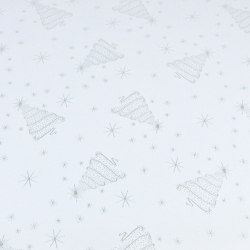 Dekorative Stoffe doppelseitig metallisiert - silberne Weihnachtsbäume auf weißem Hintergrund  