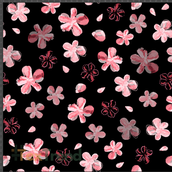 Interlock-Jersey Digitaldruck - rosa Blümchen auf schwarzem Hintergrund  