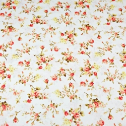 100% Baumwolle gelb-rote Röschenzweige auf weißem Hintergrund - 220cm  