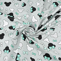 Baumwolle 100% - kleine schwarz-minzfarbene Miki mit Schleife auf grauem Hintergrund  