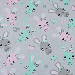 Baumwolle 100% Kaninchen rosa-minze auf grauem Hintergrund  