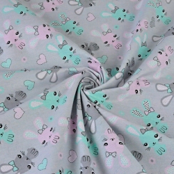 Baumwolle 100% Kaninchen rosa-minze auf grauem Hintergrund  