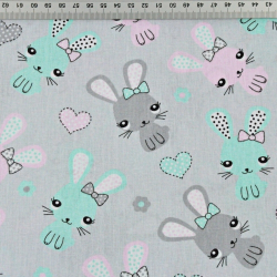 Baumwolle 100% Kaninchen rosa-minze auf grauem Hintergrund  