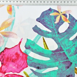 Baumwolle 100% Amaranthblüten mit Monstera-Blättern auf weißem Hintergrund - 220cm  