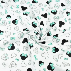 Baumwolle 100% - kleine schwarz-minzfarbene Miki mit Schleife auf weißem Hintergrund  