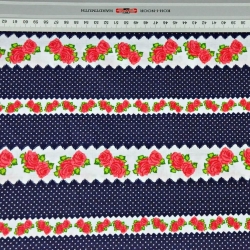 100% Baumwolle rote Röschen in blauen Streifen - 220cm  