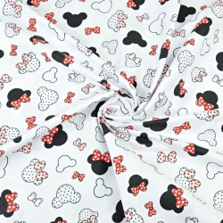 Baumwolle 100% - kleine schwarz-rote Miki mit Schleife auf weißem Hintergrund  