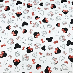 Baumwolle 100% - kleine schwarz-rote Miki mit Schleife auf weißem Hintergrund  