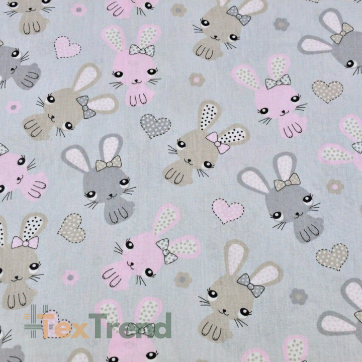 Baumwolle 100% Kaninchen rosa-beige auf grauem Hintergrund  