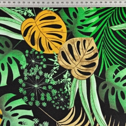 Baumwolle 100% Monstera-Blätter gelb-grün auf schwarzem Hintergrund  