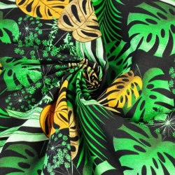 Baumwolle 100% Monstera-Blätter gelb-grün auf schwarzem Hintergrund  