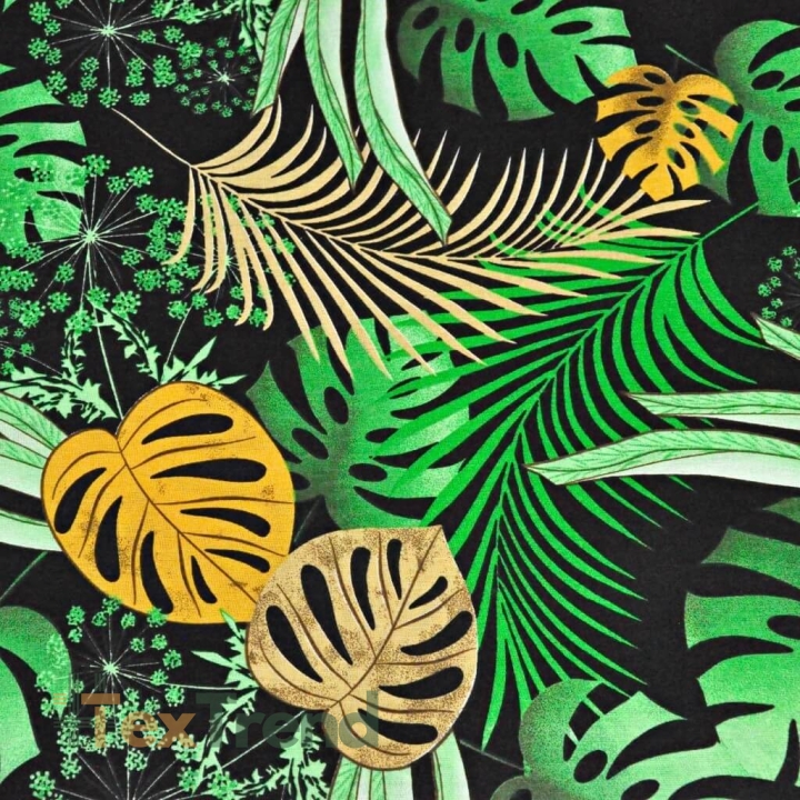 Baumwolle 100% Monstera-Blätter gelb-grün auf schwarzem Hintergrund  