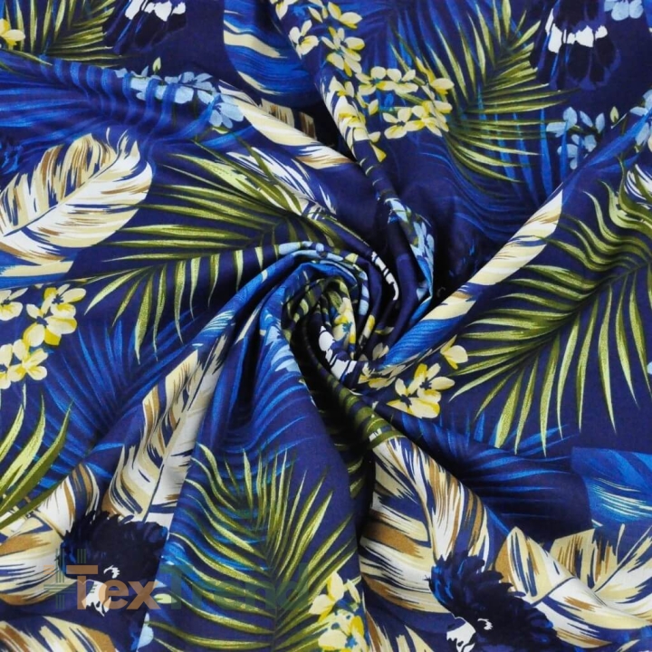Baumwolle 100% Blätter gold-blau auf marineblauem Hintergrund - 220cm  