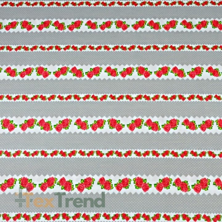 100% Baumwolle rote Röschen in grauen Streifen - 220cm  