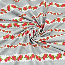 100% Baumwolle rote Röschen in grauen Streifen - 220cm  