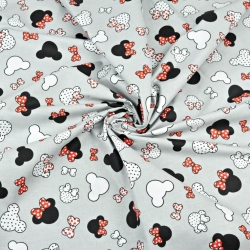 Baumwolle 100% - kleine schwarz-rote Miki mit Schleife auf grauem Hintergrund  