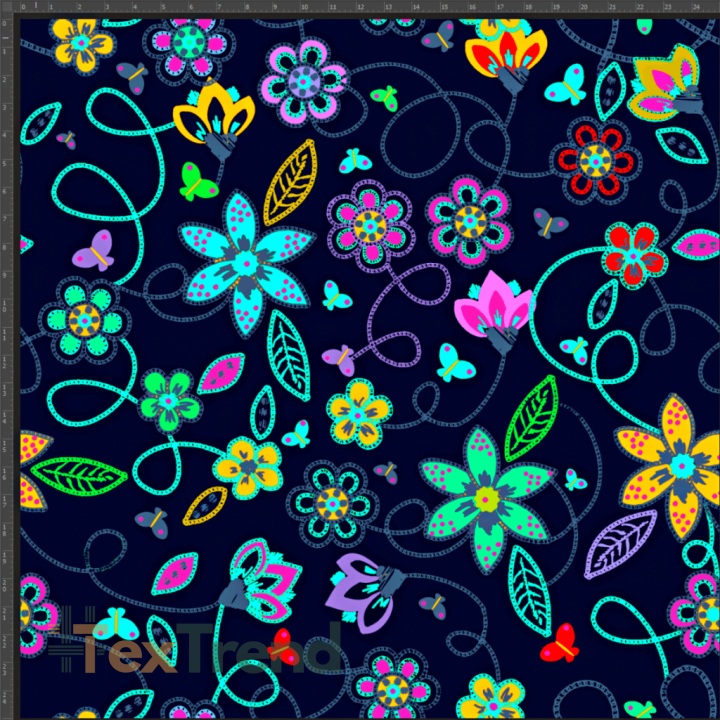 Jersey Stoff digitaler Druck Neonblumen auf dunkelblauem Hintergrund  