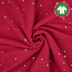 Baumwolle Musselin double gauze rot (Chilli Pepper) mit goldenen Sternen  