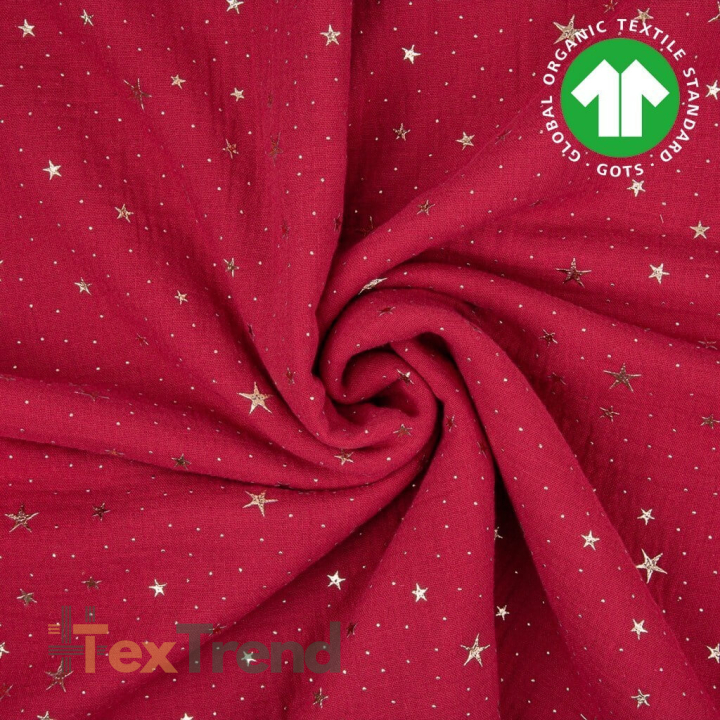 Baumwolle Musselin double gauze rot (Chilli Pepper) mit goldenen Sternen  