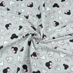 Baumwolle 100% - kleine schwarz-rosa Miki mit Schleife auf grauem Hintergrund  