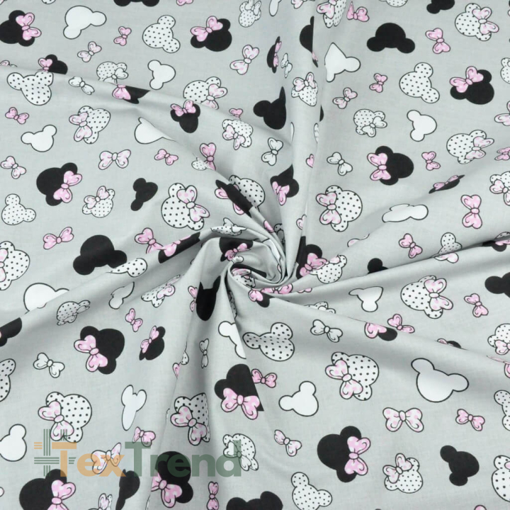 Baumwolle 100% - kleine schwarz-rosa Miki mit Schleife auf grauem Hintergrund  