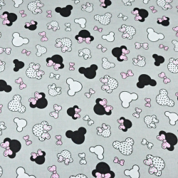 Baumwolle 100% - kleine schwarz-rosa Miki mit Schleife auf grauem Hintergrund  