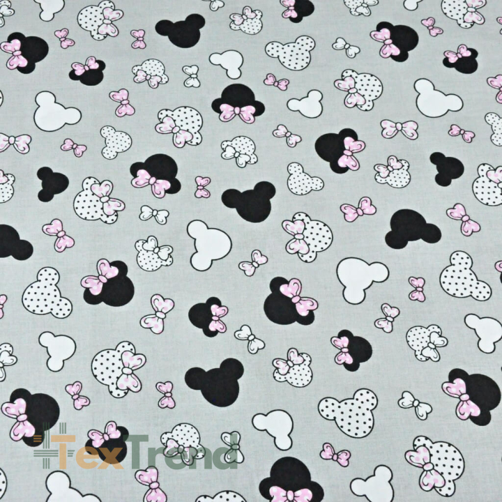 Baumwolle 100% - kleine schwarz-rosa Miki mit Schleife auf grauem Hintergrund  