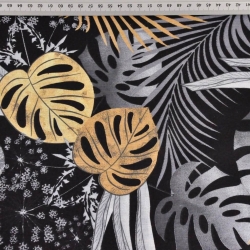 Baumwolle 100% Monstera-Blätter gelb-grau auf schwarzem Hintergrund  