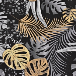 Baumwolle 100% Monstera-Blätter gelb-grau auf schwarzem Hintergrund  