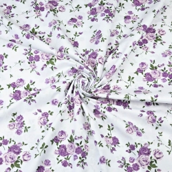 100% Baumwolle lila Röschenzweige auf weißem Hintergrund - 220cm  