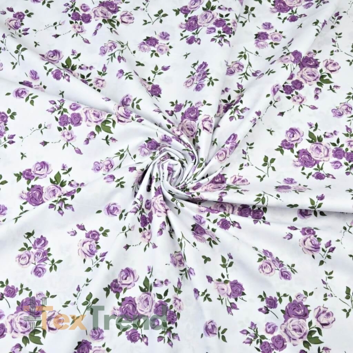 100% Baumwolle lila Röschenzweige auf weißem Hintergrund - 220cm  
