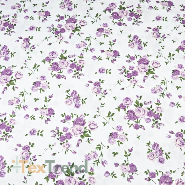 100% Baumwolle lila Röschenzweige auf weißem Hintergrund - 220cm  