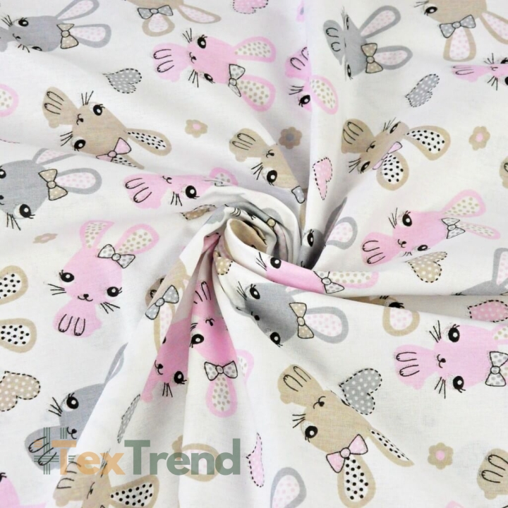 Baumwolle 100% Kaninchen rosa-beige auf weißem Hintergrund  