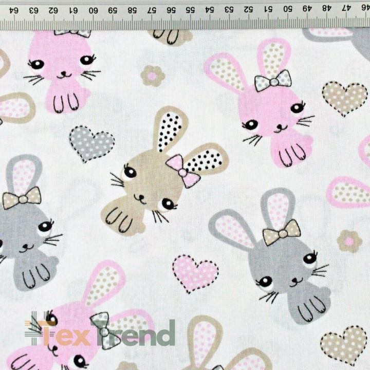 Baumwolle 100% Kaninchen rosa-beige auf weißem Hintergrund  