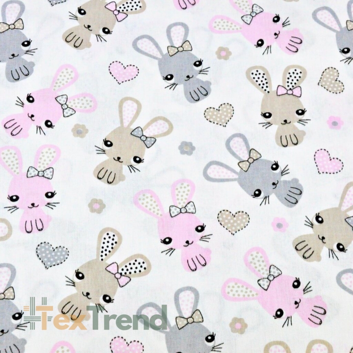 Baumwolle 100% Kaninchen rosa-beige auf weißem Hintergrund  
