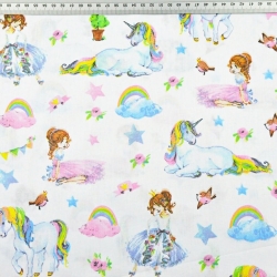 Baumwolle 100% bunte Einhörner mit Prinzessinnen auf weißem Hintergrund  