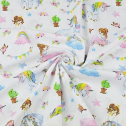 Baumwolle 100% bunte Einhörner mit Prinzessinnen auf weißem Hintergrund  