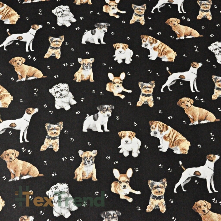 Baumwolle 100% Hunde beige-weiß auf schwarzem Hintergrund  