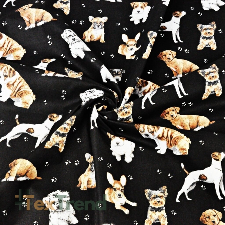 Baumwolle 100% Hunde beige-weiß auf schwarzem Hintergrund  